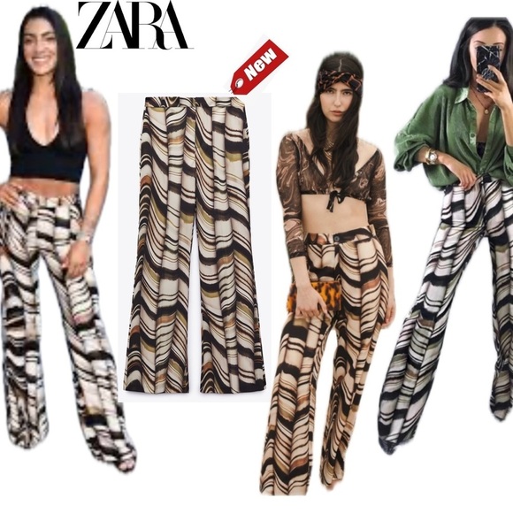 Zara Pants - Zara black brown cream printed flared trouser pants Sz XS NWT